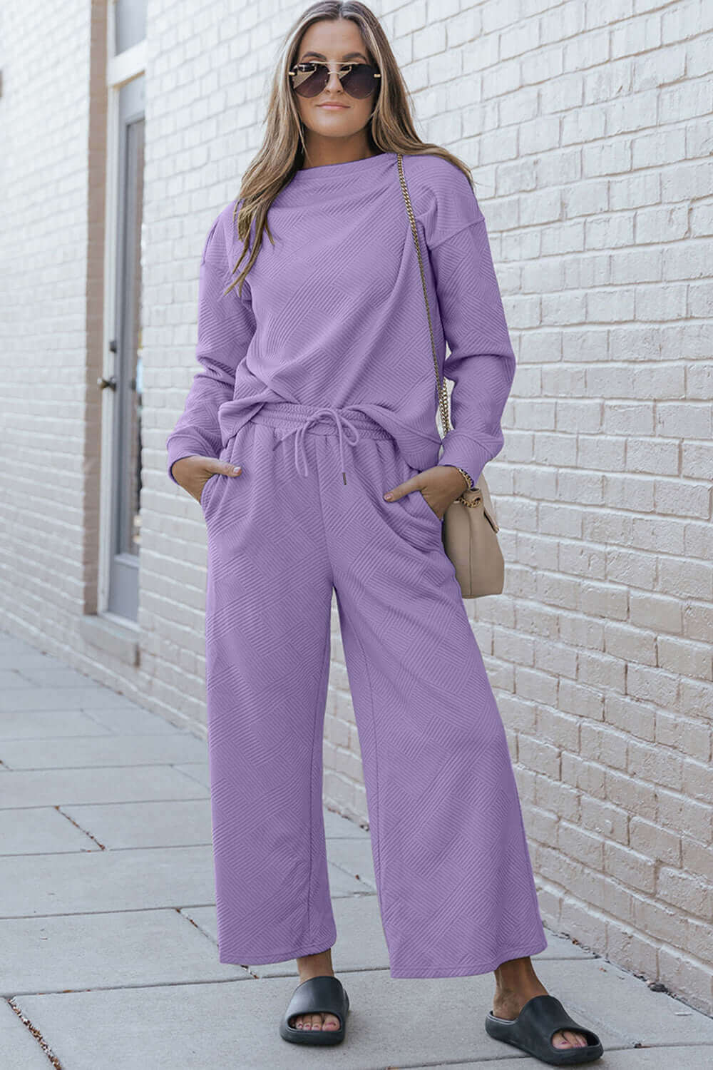 DOUBLE TAKE Full Size Textured Long Sleeve Top and Drawstring Pants Set at Bella Road