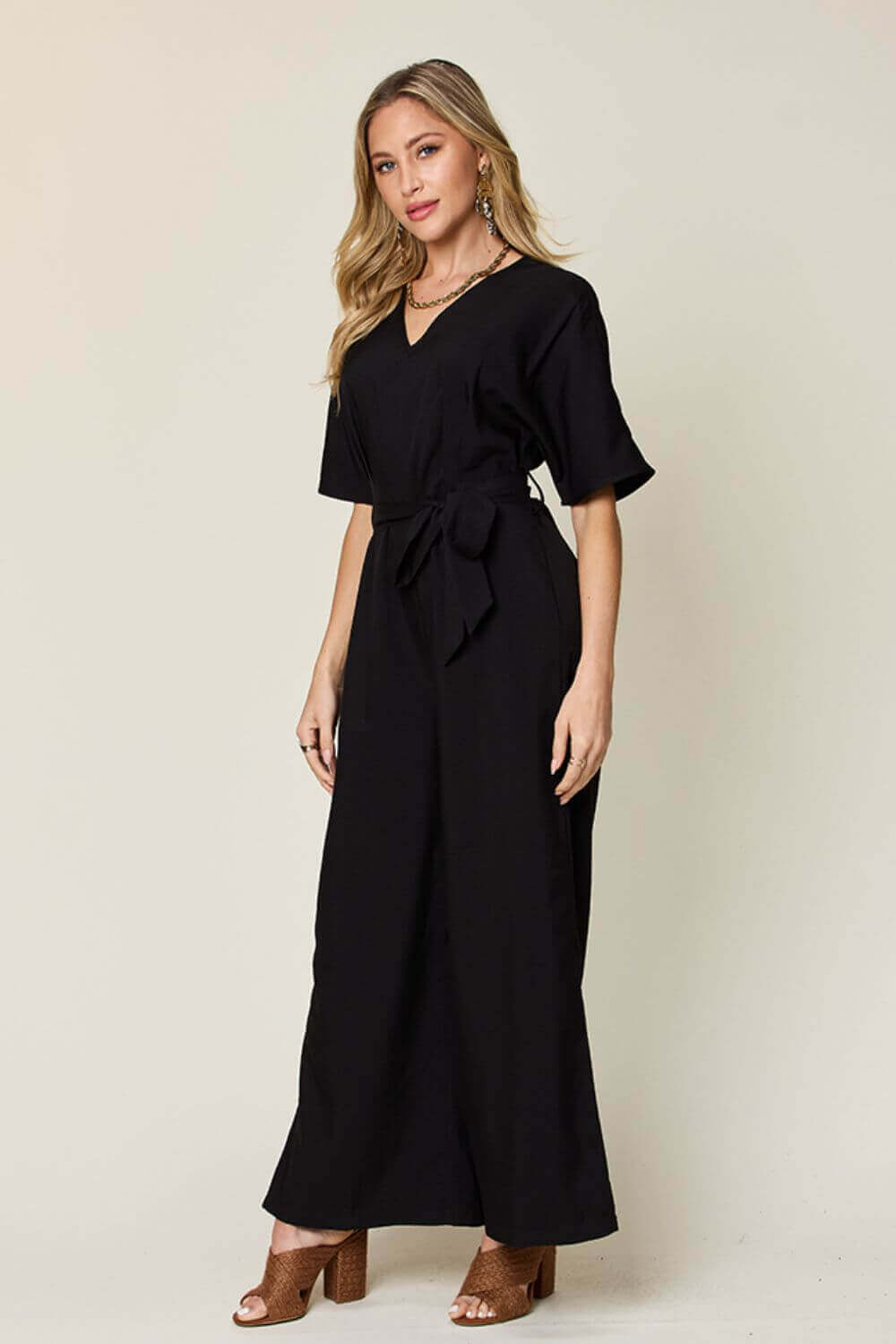 DOUBLE TAKE Full Size V-Neck Tie Front Short Sleeve Slit Jumpsuit at Bella Road