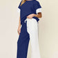 DOUBLE TAKE Full Size Texture Contrast T-Shirt and Wide Leg Pants Set at Bella Road