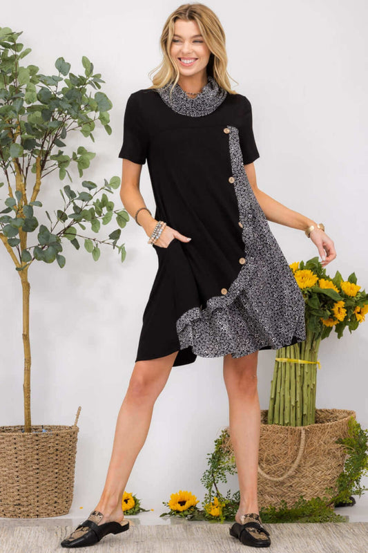CELESTE Full Size Decor Button Short Sleeve Dress with Pockets at Bella Road