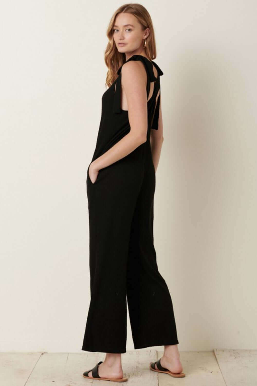 MITTOSHOP Rib Knit V-Neck Cross Back Jumpsuit at Bella Road