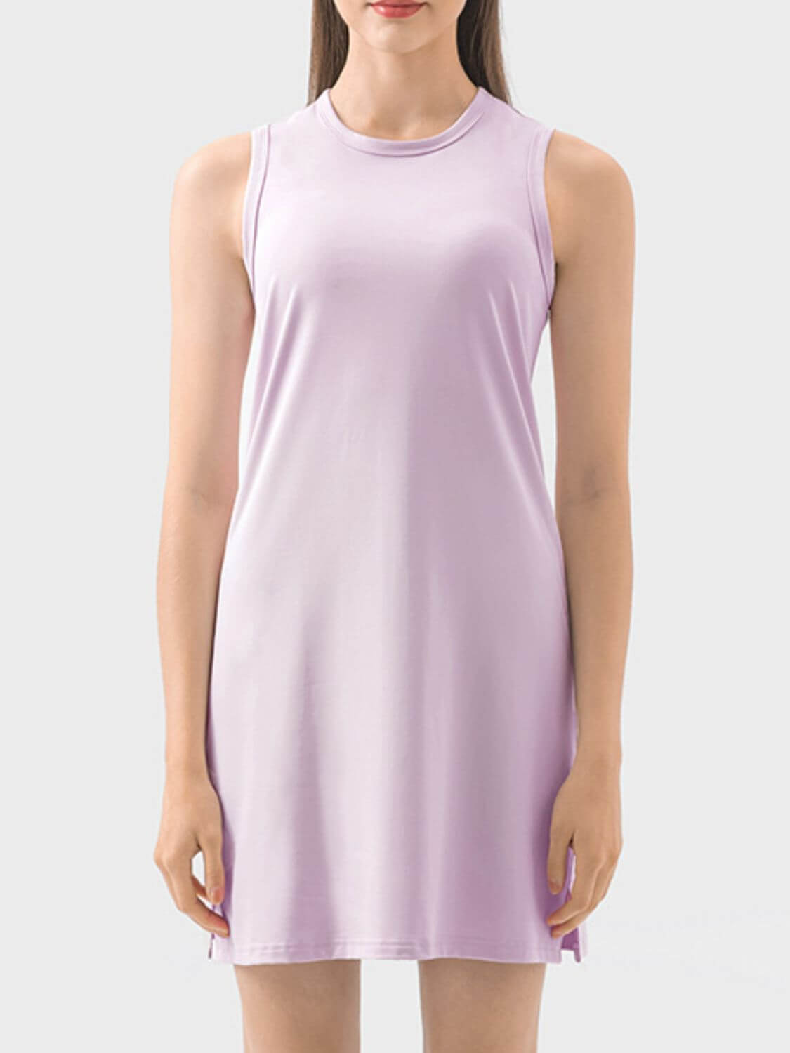 Stylish Millennia Round Neck Sleeveless Active Dress in lavender, perfect for workouts and staying cool.