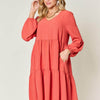 V-Neck Balloon Sleeve Tiered Dress | Full Size - Coral