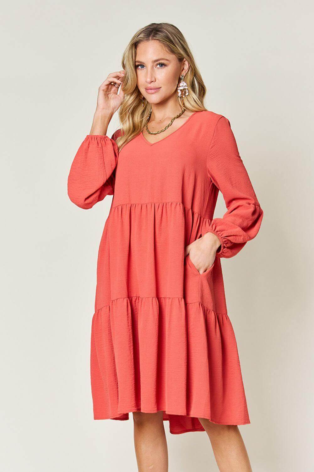 DOUBLE TAKE Full Size V-Neck Balloon Sleeve Tiered Dress at Bella Road