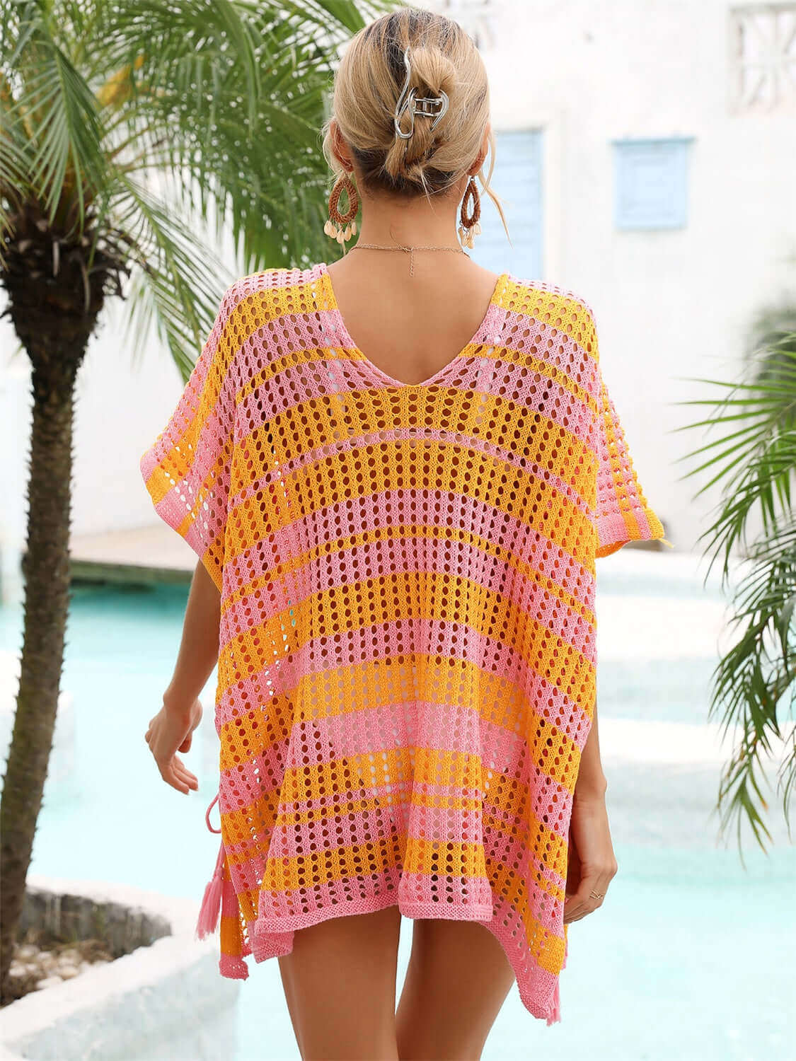 BELLA ROAD Tassel Openwork Striped V-Neck Cover Up at Bella Road