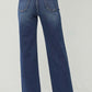 Back view of RISEN Full Size High Rise Distressed Wide Leg Jeans showcasing pocket details and slightly stretchy fabric.