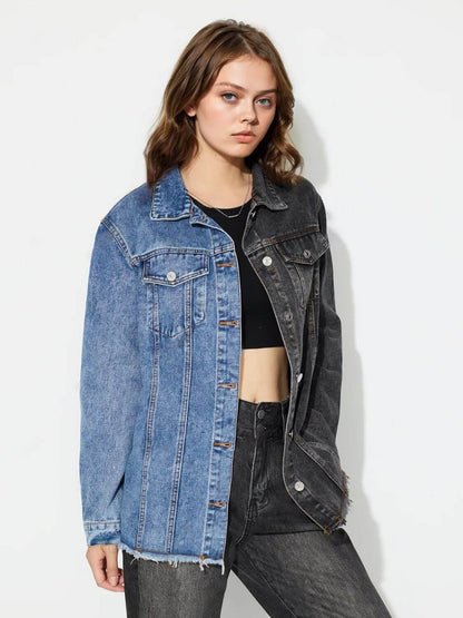 Bella Road denim top with raw hem and contrast collared neck on a model, showcasing its casual style and comfort.