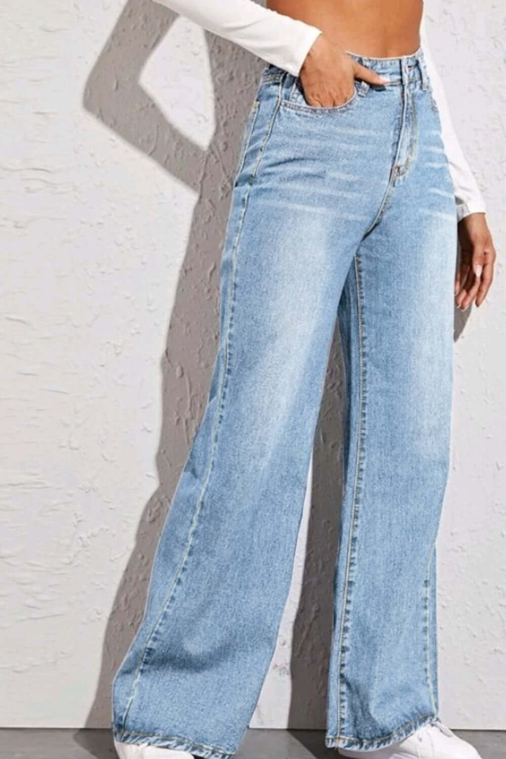 High Waist Wide Leg Jeans in Light Wash Denim - Basic Style, No Stretch, 65% Cotton 35% Polyester, Comfortable Fit.