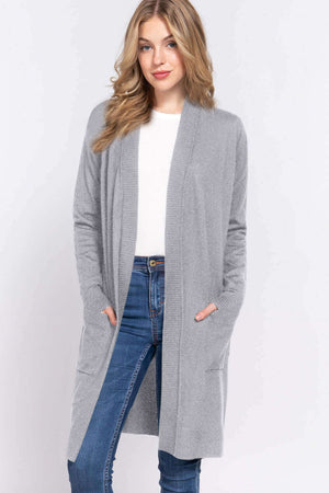 ACTIVE BASIC Open Front Rib Trim Long Sleeve Knit Cardigan at Bella Road