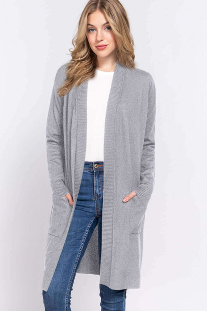 ACTIVE BASIC Open Front Rib Trim Long Sleeve Knit Cardigan at Bella Road