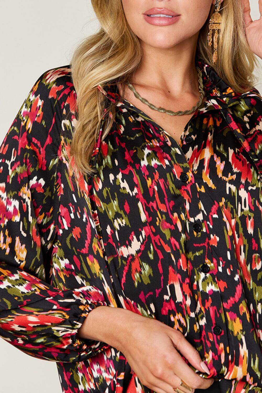 DOUBLE TAKE Full Size Printed Button Up Long Sleeve Shirt at Bella Road