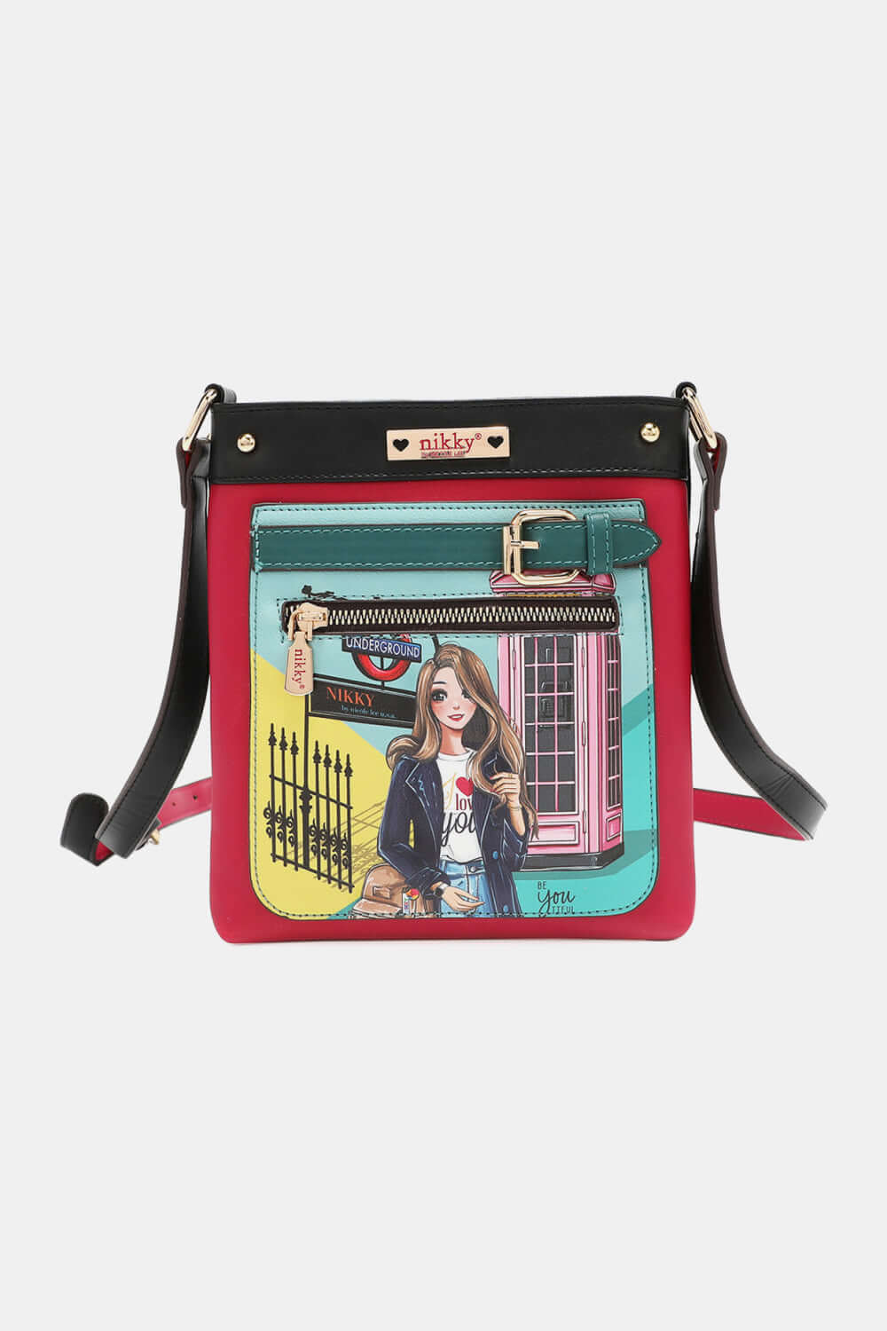 Nicole Lee USA Nikky Crossbody Bag with colorful design and front zipper pocket