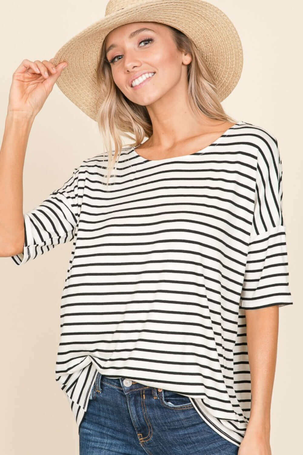 BOMBOM Striped Round Neck T-Shirt at Bella Road