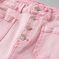 Pink raw hem button-fly jeans with pockets perfect for petites, made of 98% cotton and 2% elastane, no stretch. Machine wash cold.