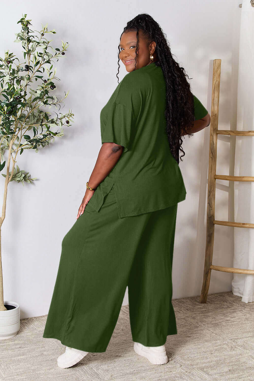 DOUBLE TAKE Full Size Round Neck Slit Top and Pants Set at Bella Road