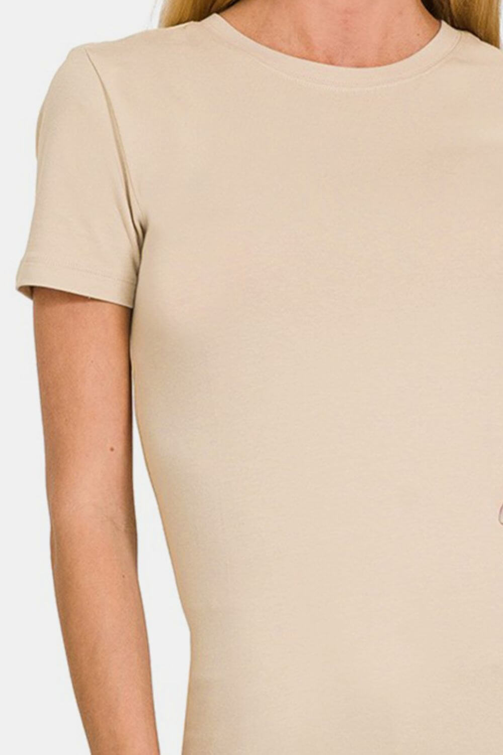 Beige crew neck short sleeve t-shirt for women made from comfortable and breathable fabric, perfect for casual outings or daily wear.