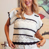 Pointelle Contrast Striped Short Sleeve Knit Top - Ivory/Black