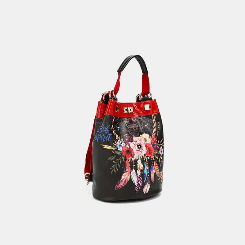 Nicole Lee USA multifunctional bucket bag backpack with floral design and red accents, stylish convertible accessory.