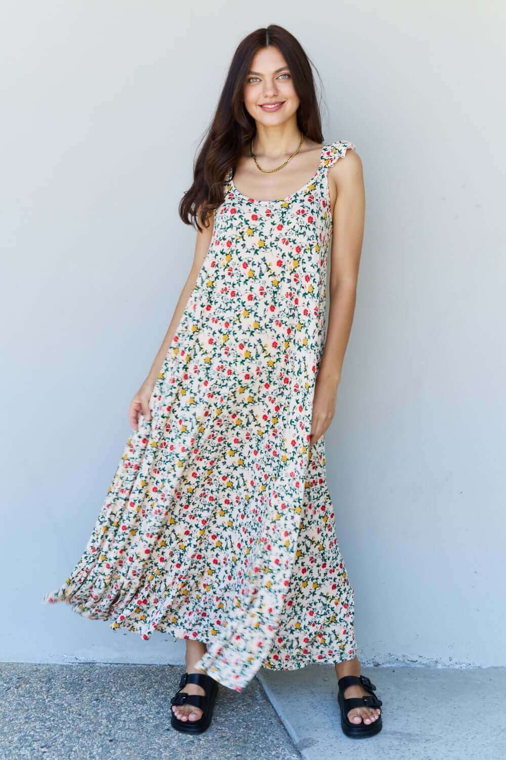 DOUBLJU In The Garden Ruffle Floral Maxi Dress in Natural Rose at Bella Road