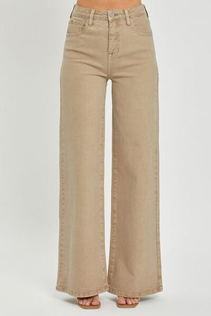 RISEN Full Size Tummy Control High Rise Wide Leg Jeans in beige for a stylish and comfortable fit.