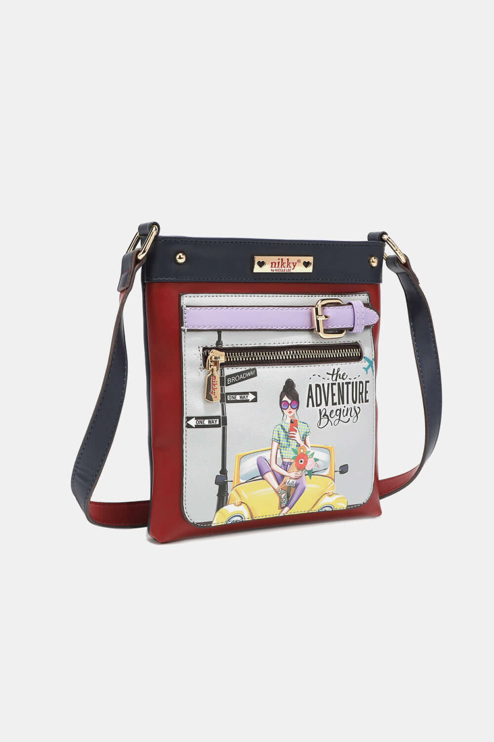 Nicole Lee USA Nikky Crossbody Bag with front zipper pocket and graphic design, crafted from eco-leather for style and functionality