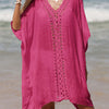 Cutout V-Neck Three-Quarter Sleeve Cover Up - Hot Pink