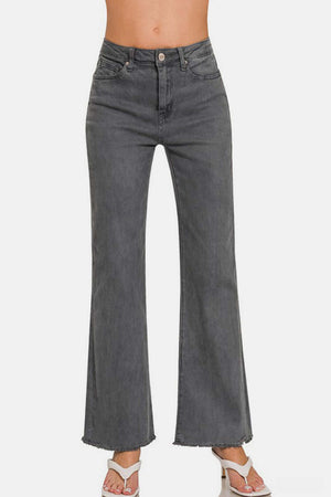 Acid washed frayed hem bootcut jeans in gray, featuring a trendy silhouette and casual style for a chic look.