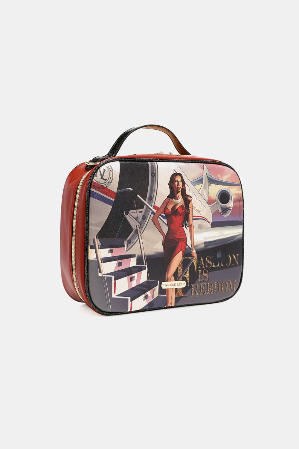 Nicole Lee USA printed handbag in pebbled and glossy, patent leather with three pouches, medium size, featuring stylish artwork of a woman in a red dress.