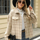 Woman wearing Bella Road Plaid Collared Neck Long Sleeve Jacket with sunglasses, a black hat, and a handbag.