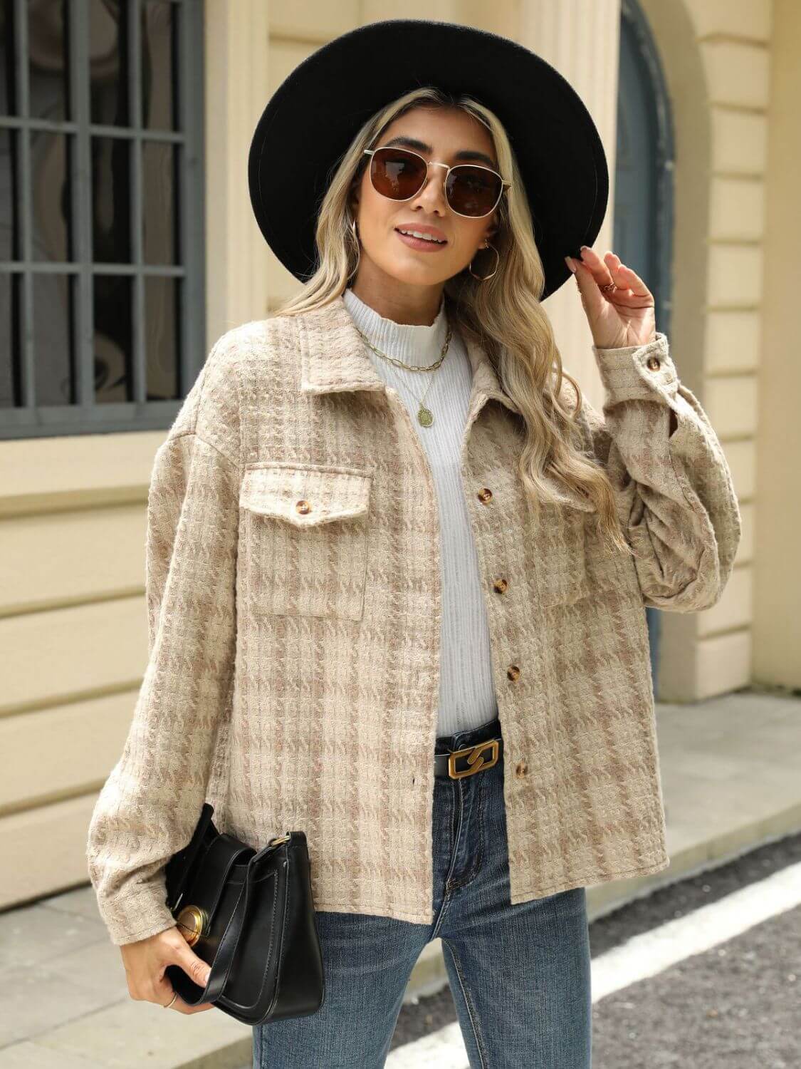 Woman wearing Bella Road Plaid Collared Neck Long Sleeve Jacket with sunglasses, a black hat, and a handbag.