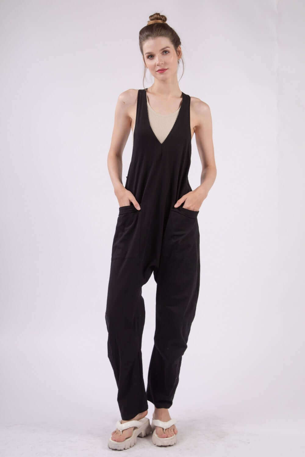 VERY J Plunge Sleeveless Jumpsuit with Pockets at Bella Road