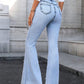 Woman wearing Bella Road Denim Pearl Trim Bootcut Jeans showcasing pockets and a stylish light wash.