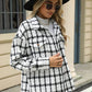 Woman wearing Bella Road Plaid Collared Long Sleeve Jacket outdoors, stylish and cozy attire for cool weather, buttoned and pocketed design