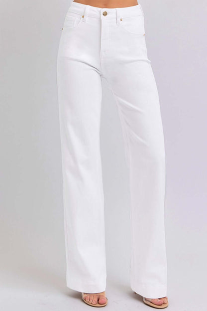 White high waist straight jeans by Risen Jeans featuring a flattering silhouette, slightly stretchy fabric, and a comfortable high-rise design.