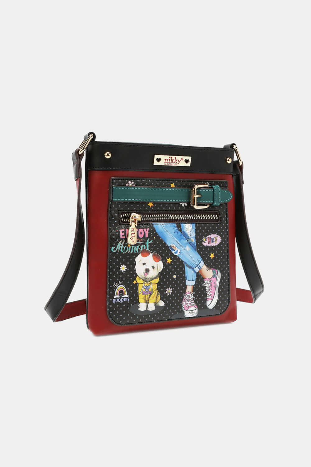 Nicole Lee USA Nikky Crossbody Bag in eco-leather with front zipper pocket and colorful printed design featuring a dog and "Enjoy Moment" text.