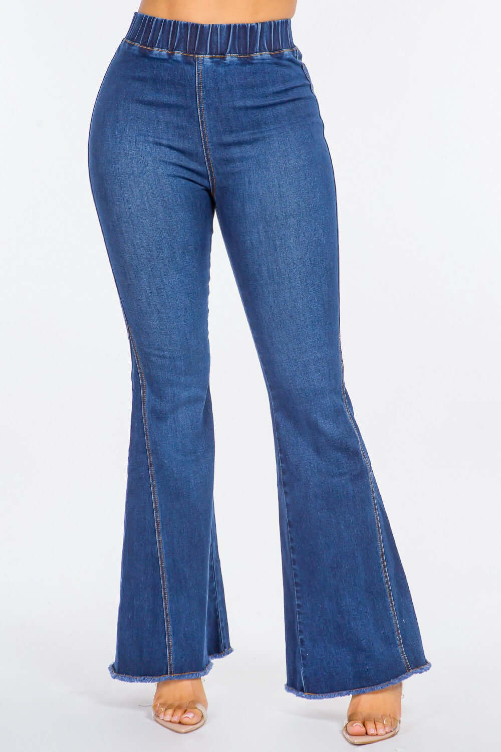 High waist curvy flare jeans with elastic banded waist and slim fit, showing stylish retro flare and stretchy denim material.