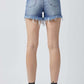 Back view of Raw Hem Asymmetrical Waist Denim Shorts by Risen Jeans showing edgy style with frayed details.