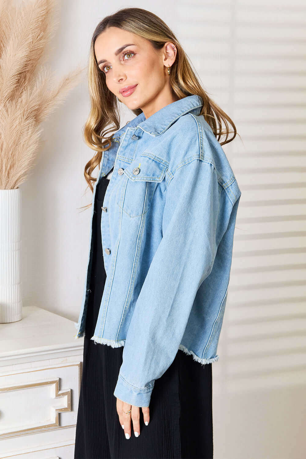 DOUBLE TAKE Dropped Shoulder Raw Hem Denim Jacket at Bella Road