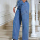 Woman wearing Bella Road High Waist Straight Leg Jeans with Pockets standing on stairs in white sneakers.