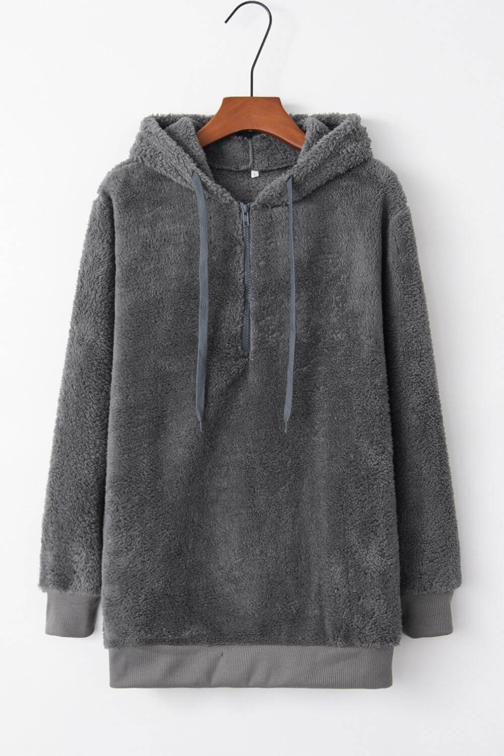 Cozy gray teddy hoodie with quarter-zip and drawstring, perfect for chilly days and casual outings.