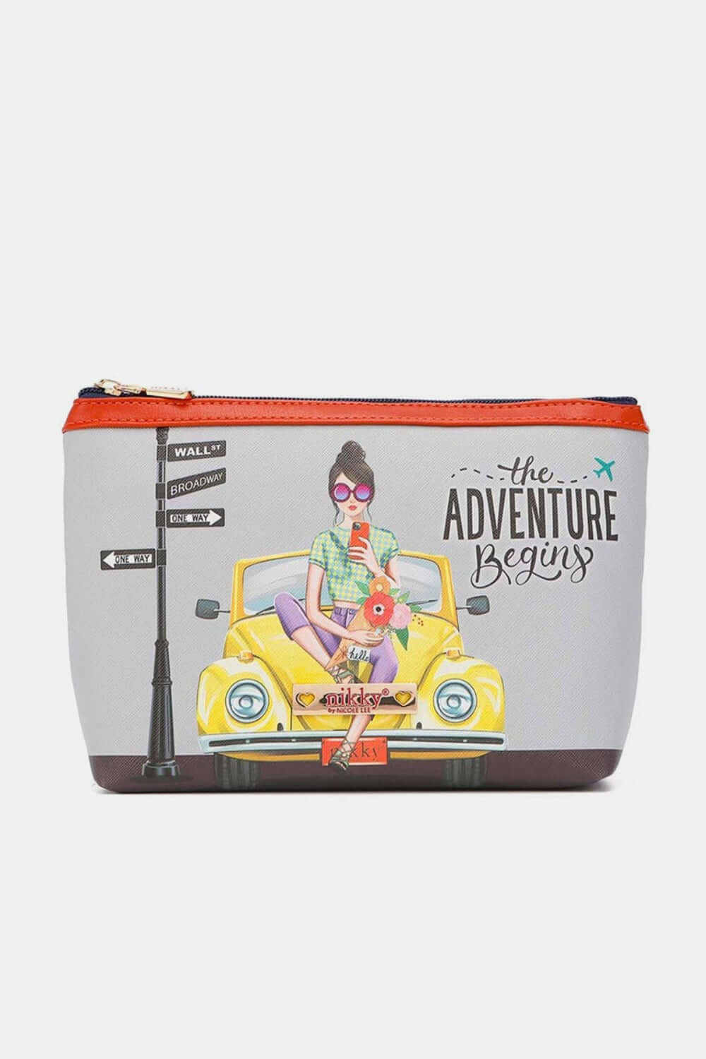 "Nicole Lee USA large cosmetic pouch with vibrant travel-themed print, durable design, and secure zipper closure for beauty essentials."