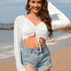 Drawstring Openwork Long Sleeve Cover-Up - White