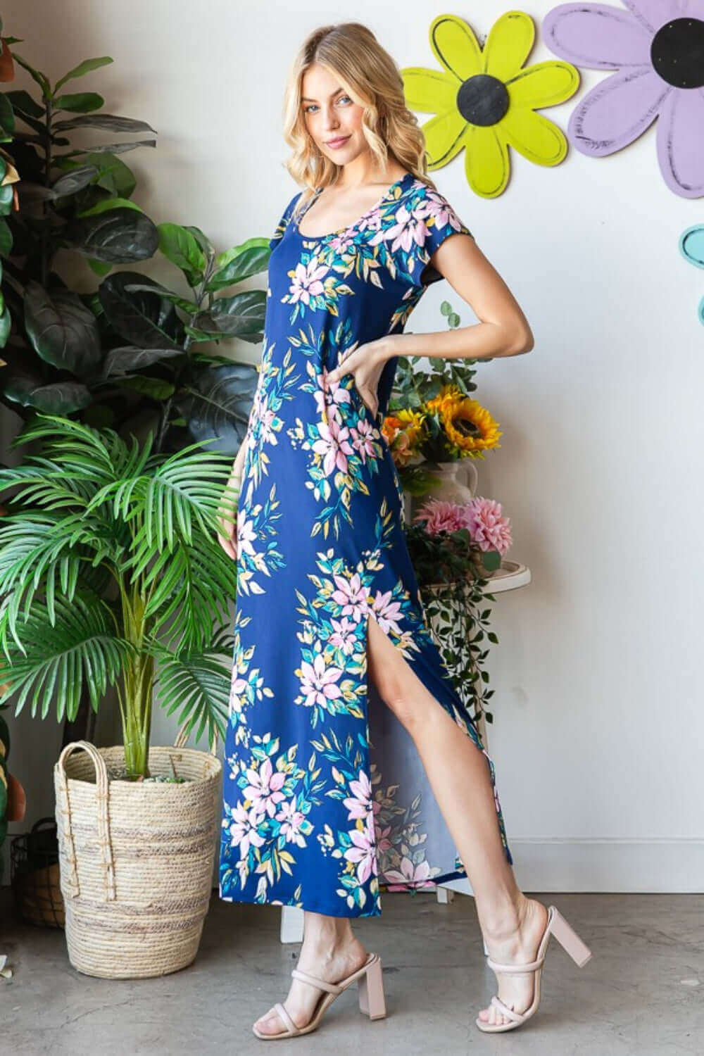 HEIMISH Full Size Floral Short Sleeve Slit Dress at Bella Road