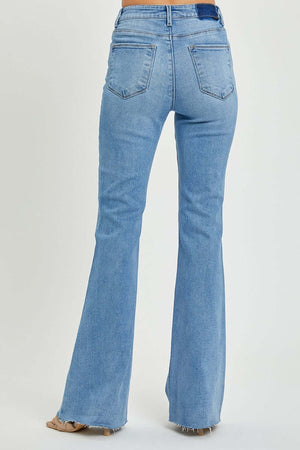 High Rise Raw Cut Hem Bootcut Jeans by Risen Jeans - Back View of Trendy Blue Denim with Flattering Fit and Retro-Inspired Look