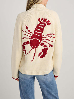 Woman wearing Bella Road Lobster Button Up Long Sleeve Cardigan with playful red lobster design on the back.