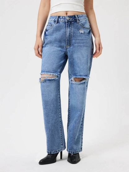 Bella Road Distressed Jeans with pockets, featuring unique distressing for a trendy, casual look. Perfect addition to any wardrobe!