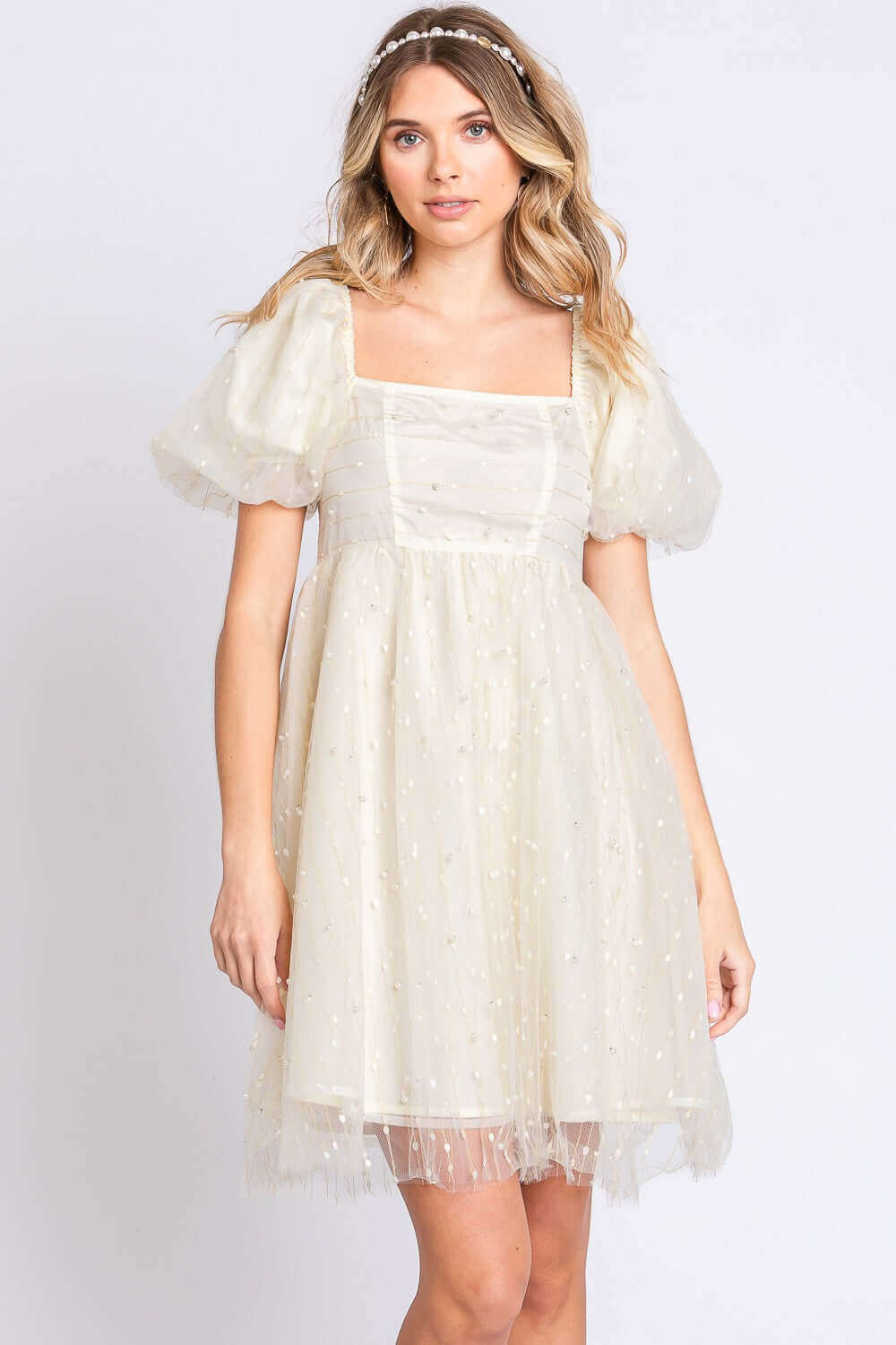 GEEGEE Pearl Mesh Puff Sleeve Babydoll Dress at Bella Road