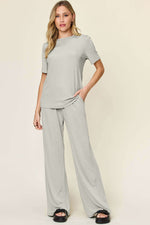 DOUBLE TAKE Full Size Round Neck Short Sleeve T-Shirt and Wide Leg Pants Set at Bella Road