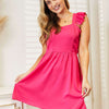 Ruffled Square Neck Dress - Hot Pink