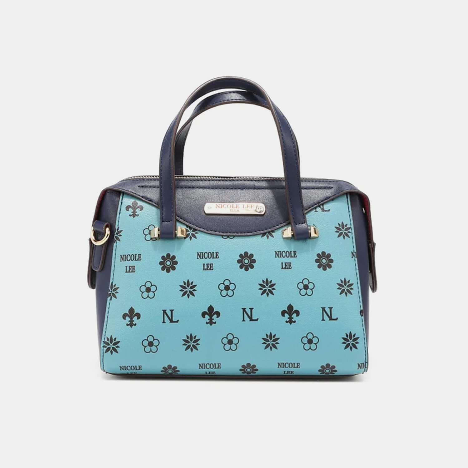 Nicole Lee USA blue handbag with floral and logo pattern